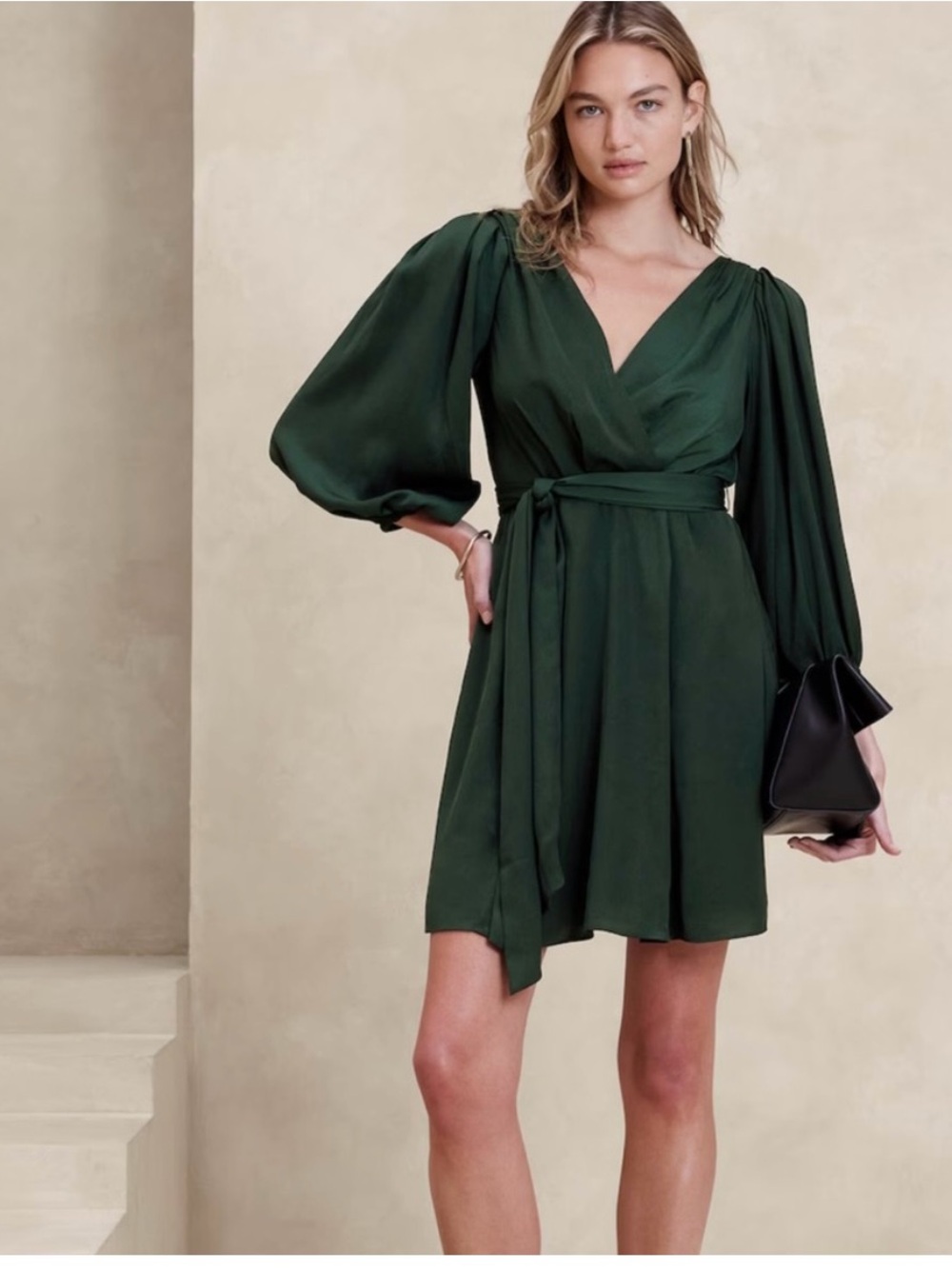 Banana Republic Emerald Green Long-Sleeve Mini Wrap Dress - Blouson Mini Dress